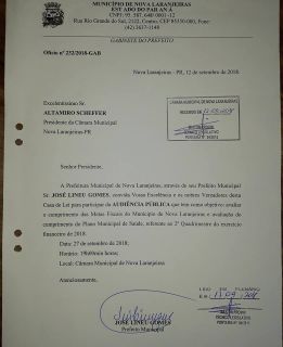 Na próxima quinta-feira(27), 19 horas na Câmara Municipal de Nova Laranjeiras, acontece Audiência Pública para a apresentação do Plano Municipal de Saúde