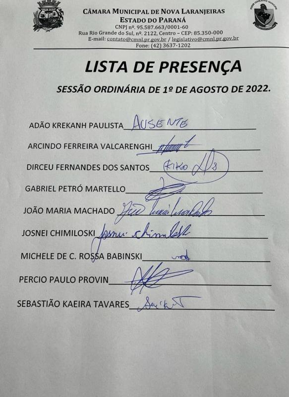 Lista de Presença dos Vereadores na Sessão Ordinária do dia 01-08