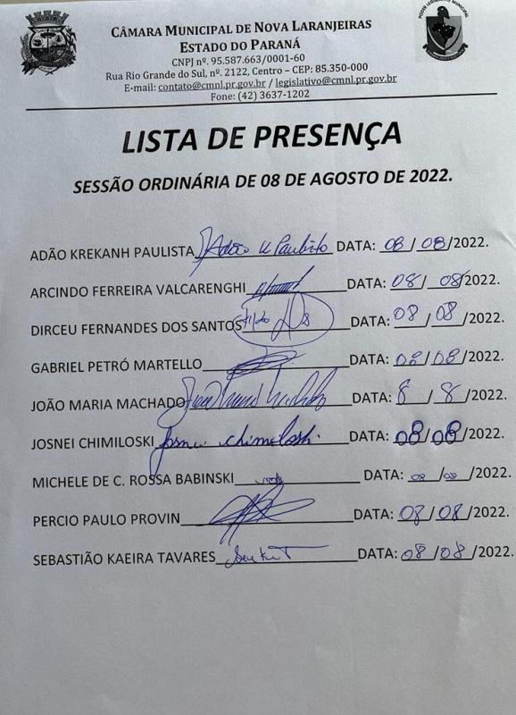 Lista de Presença - Vereadores - Sessão Ordinária do dia 08-08