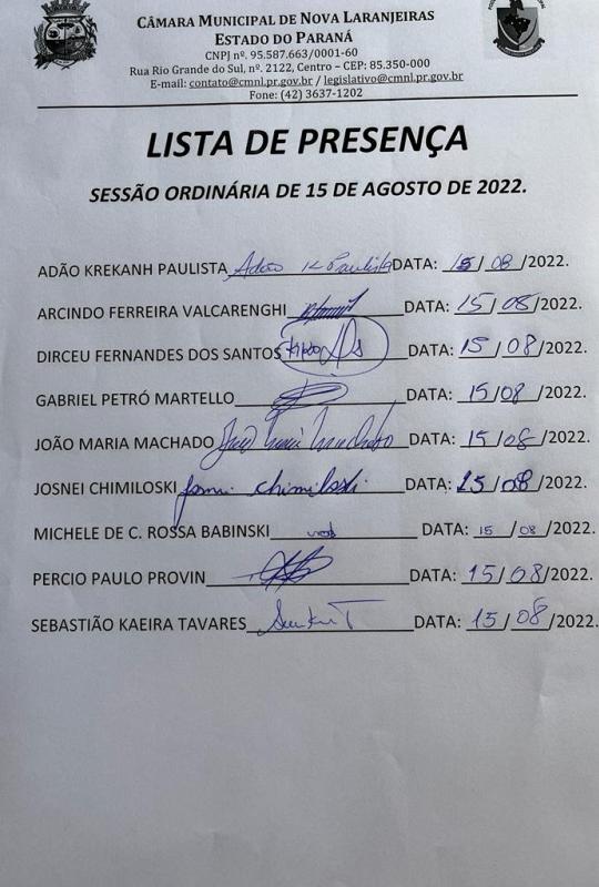 Lista de Presença - Vereadores - Sessão Ordinária do dia 15-08