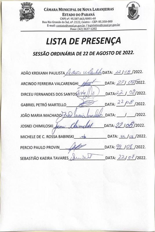 Lista de Presença - Vereadores - Sessão Ordinária do dia 22-08