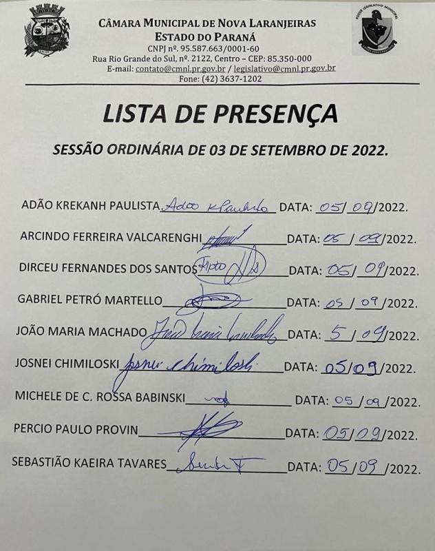 Lista de Presença dos Vereadores na Sessão Ordinária do dia 05 de setembro de 2022.