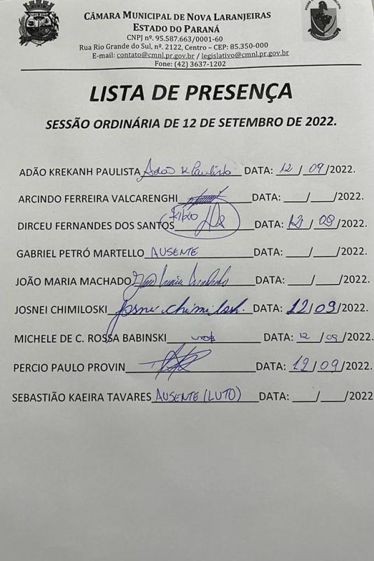 Lista de Presença dos Vereadores na Sessão de 12 de setembro de 2022.