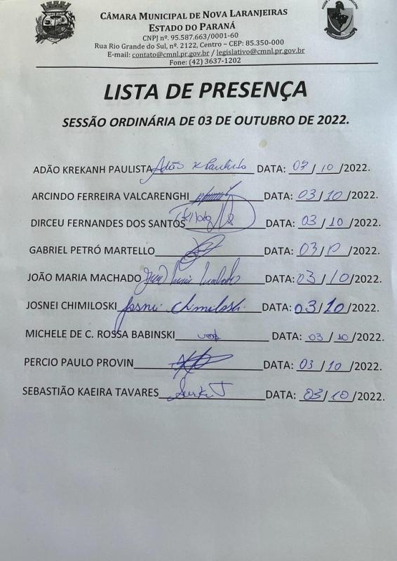 Lista de Presença dos Vereadores na Sessão Ordinária do dia 03 de outubro de 2022.