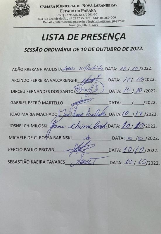Lista de Presença dos Vereadores na Sessão Ordinária do dia 10 de outubro de 2022.