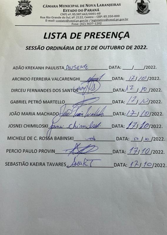 Lista de Presença dos Vereadores na Sessão Ordinária do dia 17 de outubro de 2022.