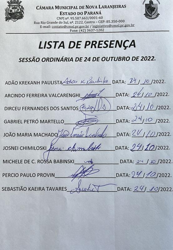 Lista de Presença dos Vereadores na Sessão Ordinária do dia 24 de outubro de 2022.