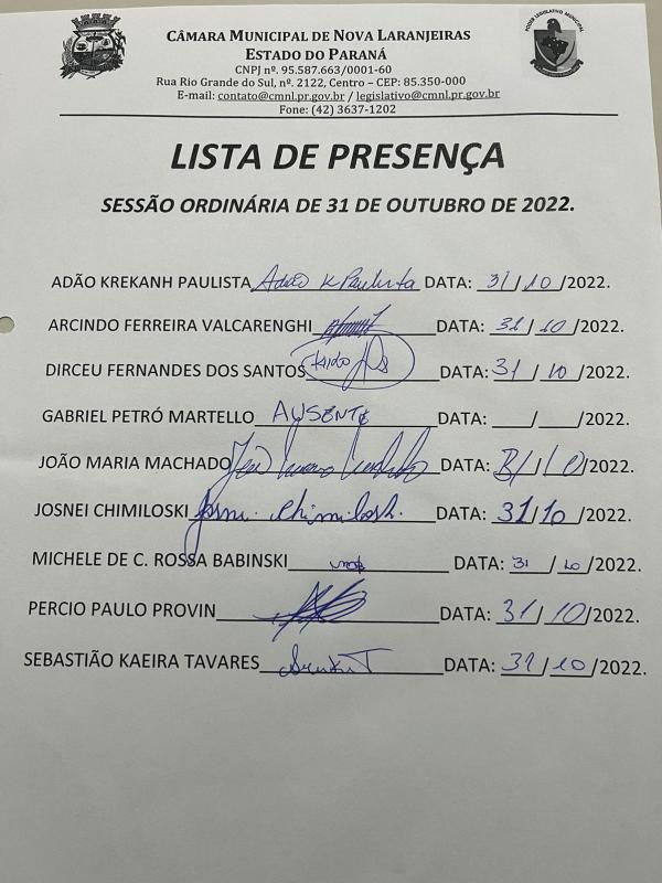 Lista de Presença dos Vereadores na Sessão Ordinária do dia 31 de outubro de 2022.