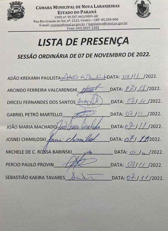 Lista de Presença dos Vereadores na Sessão Ordinária do dia 07 de novembro de 2022.