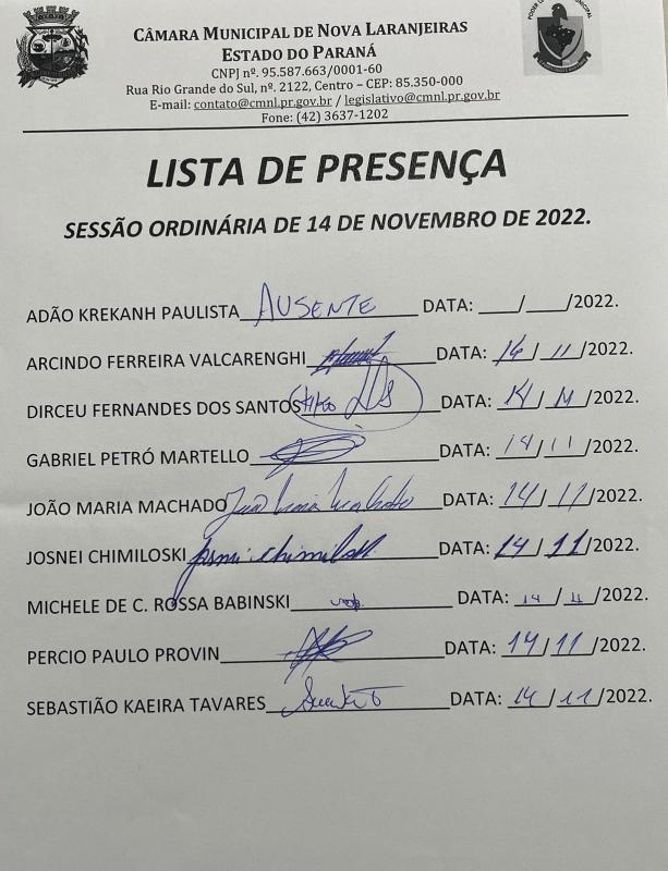 Lista de Presença dos Vereadores na Sessão Ordinária do dia 14 de novembro de 2022.