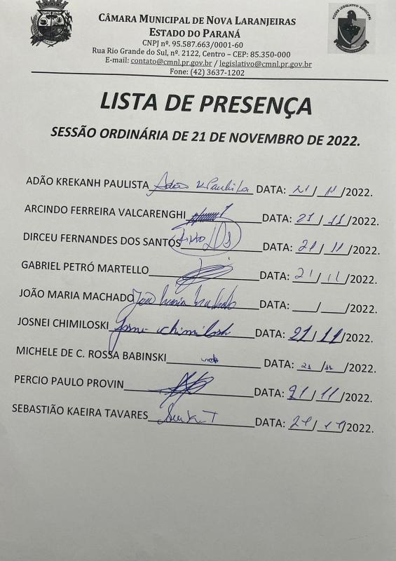 Lista de Presença dos Vereadores na Sessão Ordinária do dia 21 de novembro de 2022.
