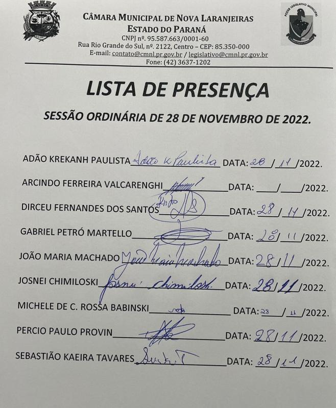 Lista de Presença dos Vereadores na Sessão Ordinária do dia 28 de novembro de 2022.