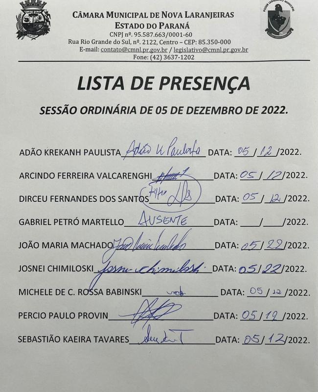Lista de Presença dos Vereadores na Sessão Ordinária do dia 05 de dezembro de 2022.