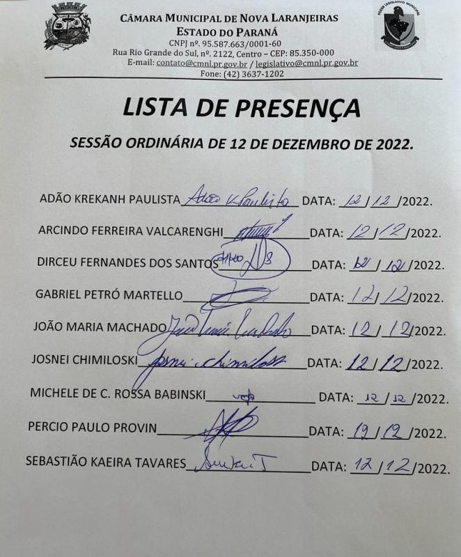 Lista de Presença dos Vereadores na Sessão Ordinária do dia 12 de dezembro de 2022.