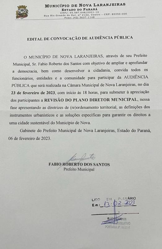 Edital de Convocação de Audiência Pública - PLANO DIRETOR MUNICIPAL